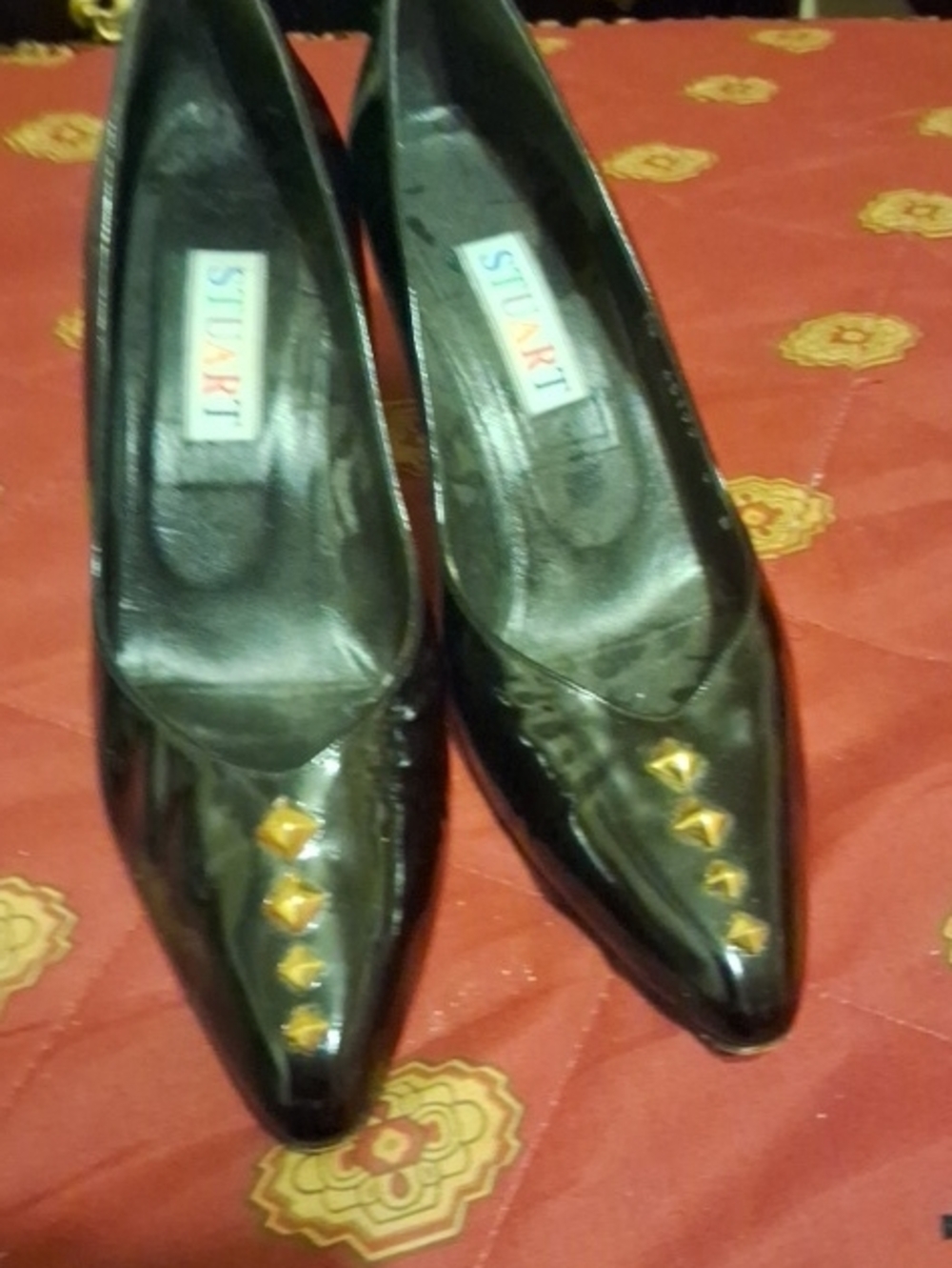 Jill Stuart Black Patent Pointed Pumps with Gold Stud Accents